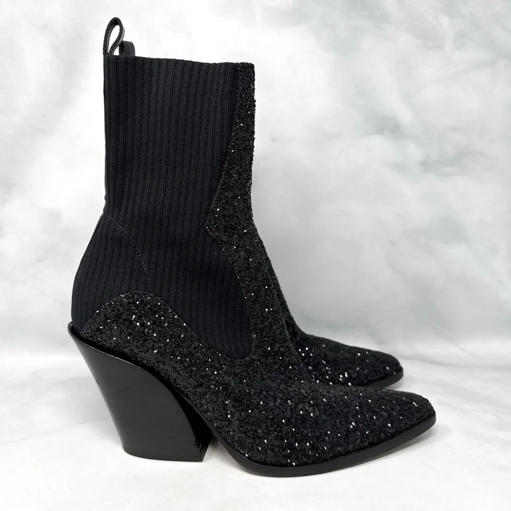 Jimmy Choo Mele Glitter 85 Chelsea Stretch Knit Block Heel Ankle Boots Black 36